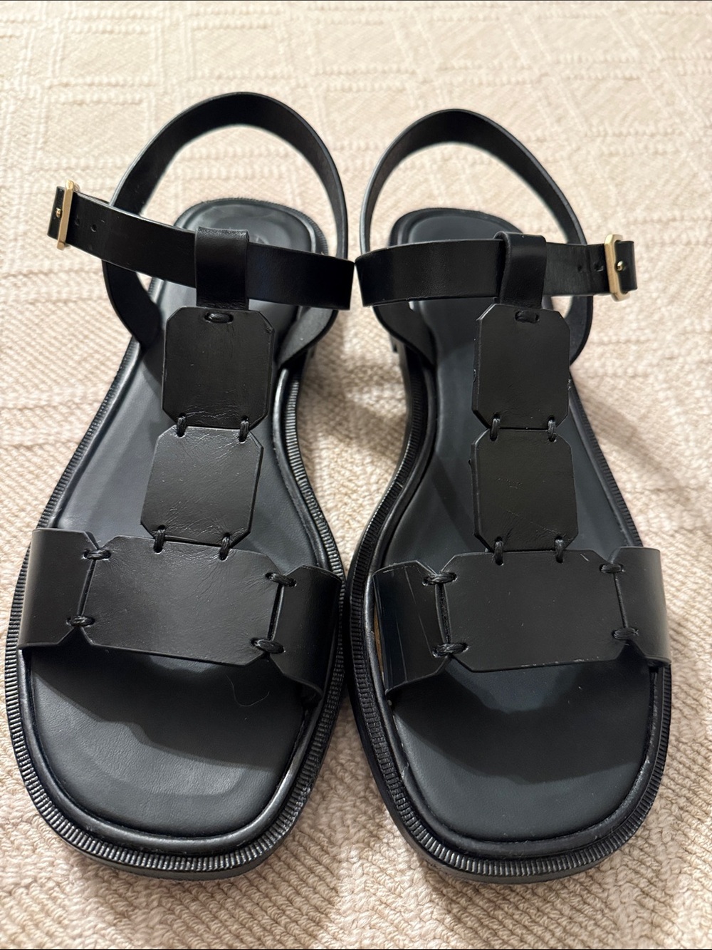 Coclico Women's Black Leather T-Strap Sandals EU 38.5